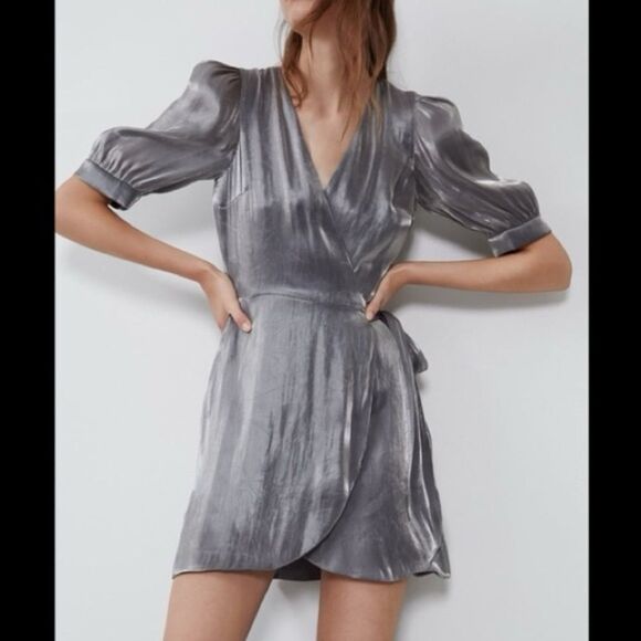 NWOT Zara Metallic Silver Laminated Pewter Wrap Mini Dress Sz XS - Picture 2 of 11